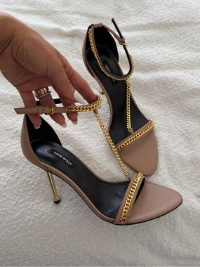 Nine West Taupe Ankle-Strap Heels with Gold Chain Trim